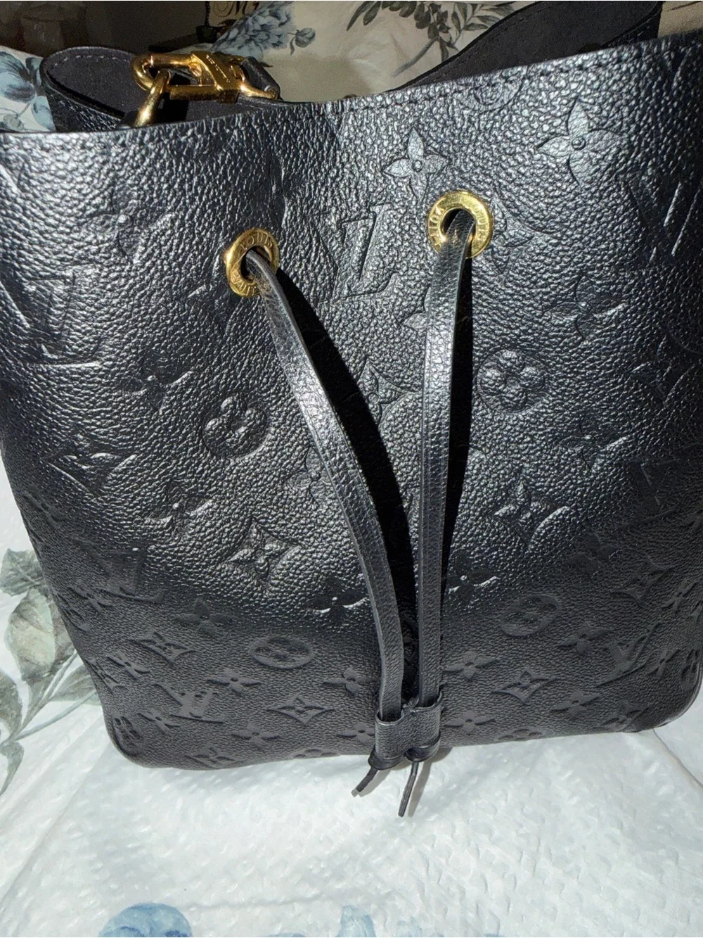 Louis Vuitton Black Embossed Monogram Drawstring Hobo Bag